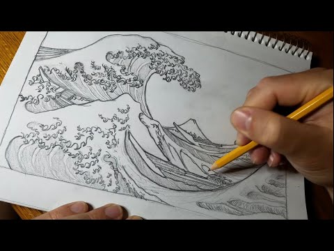 3 Hour Pencil Drawing: Hokusai's "The Great Wave Off Kanagawa" | ASMR, No Talking, Free-hand