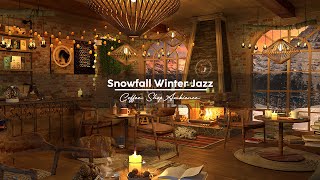 Snowfall Winter Jazz & Night Coffee Shop Bookstore Ambience with Cozy Crackling Fireplace for Relax