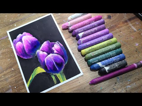 Oil pastel drawing, Purple tulip, healing art