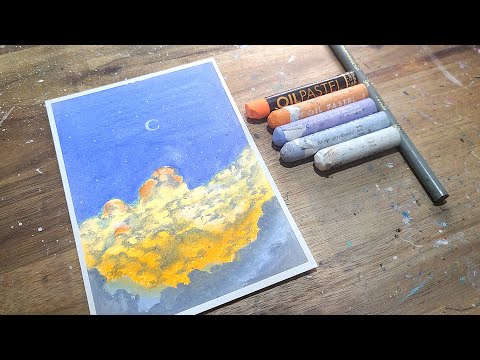 Oil pastel drawing, Orange Cloud and Night Sky, healing art