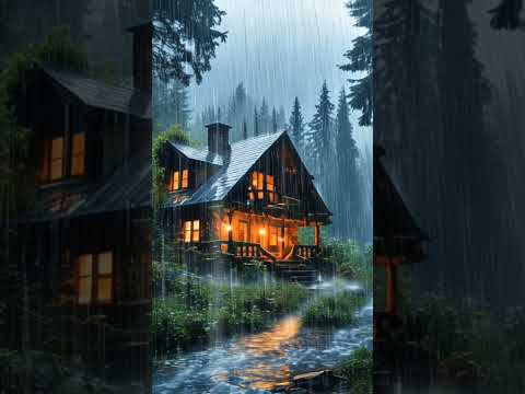 Heavy rain falling in a forest with a cave in a dark situation