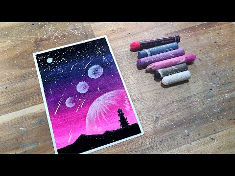 oil pastel drawing galaxy night sky with stars and moon