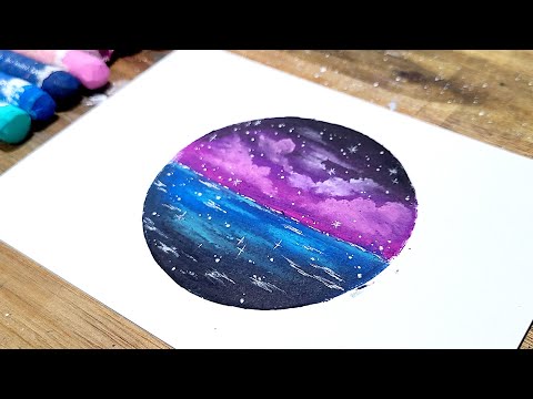 Oil pastel drawing, simple drawing ocean and sky in circle, healing art