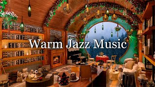 Autumn Coffee Shop Bookstore Ambience 4K at Snowfall Day with Smooth Piano Jazz Music to Relax