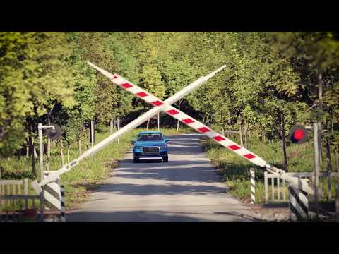 Strange train at the level crossing, railroad, Blender Animation, Vegetation, GeoScatter, Addon