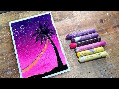 Oil pastel drawing, Pink night Sky and Palm Tree, healing art