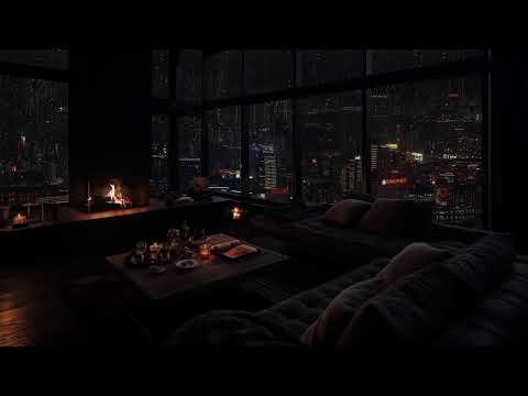 Rain Sounds for Sleeping: Cozy City Room with Fireplace & Warm Lights