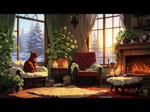 🔥 Cozy Fireplace & Snowy Window - Relaxing Lofi Beats with a Curious Cat 🐱❄️