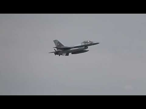 F-16 Fighting Falcon at extremely low speed on air brakes. Bucharest Romania Benyasa Airport