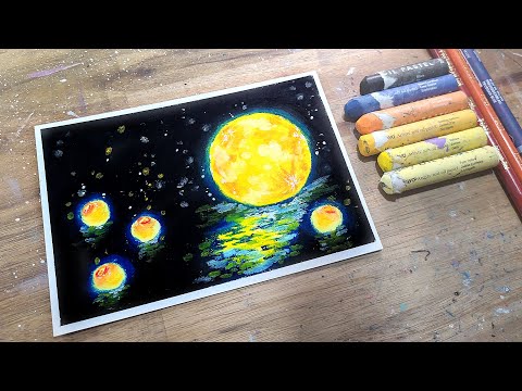 Oil pastel drawing, Full moon, healing art