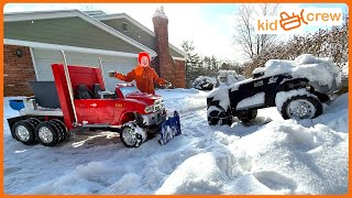 Plowing road and rescuing stuck truck with kids semi tractor snow plow truck. Educational | Kid Crew