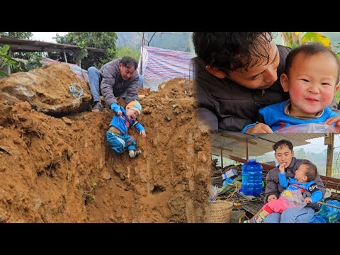 Single father carrying 1 year old son on his back while working, son falls into deep hole