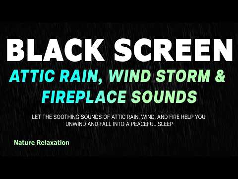 Rain in Attic, Wind Storm & Cozy Fireplace Sounds | Black Screen for Deep Sleep