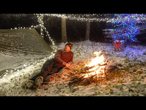 Solo Winter Camping in the Snow with Thousands of Christmas Lights