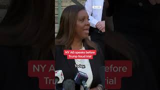 NY AG Letitia James speaks outside of the court house where Donald Trump faces civil fraud charges.