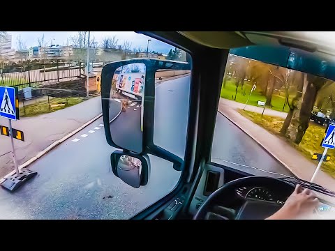 Wrong way! 24m Truck & Trailer (POV) driving, narrow streets of Uppsala, Stockholm.