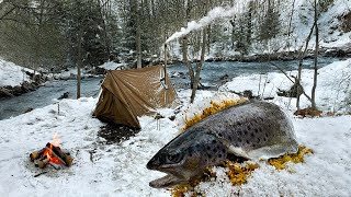 Hot Tent Camping  in deep Winter & Catch and Cook