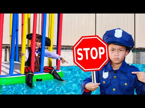 Pirate Ben vs Shark Bobby Pool Takeover! Kids Learning Pool Rules with Officer Andrea