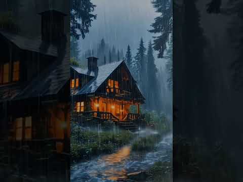 Heavy rain falling in the middle of a forest and a hut