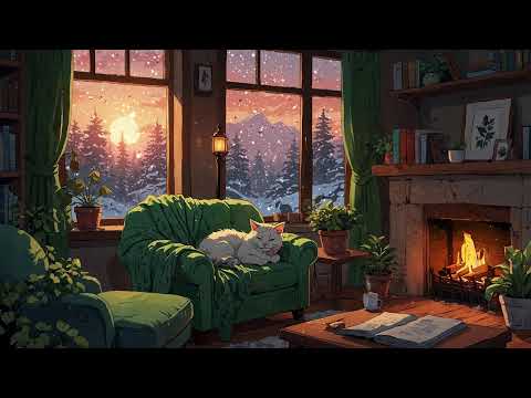 ❄️ Lofi - Snow Falling Outside with Fireplace| Cozy Winter Evening Vibes ❄️✨