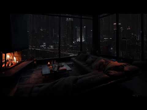 Night rain to relieve insomnia symptoms | A warm retreat with a fireplace and lights