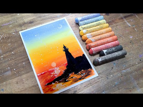 Oil pastel drawing, Lighthouse 2 with sunset and moonlight, healing art