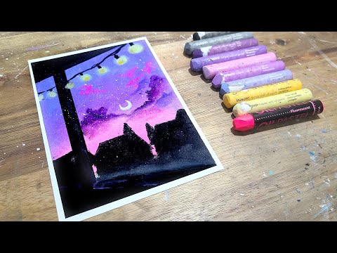 Oil pastel drawing, Pink night Sky and bulb light, healing art