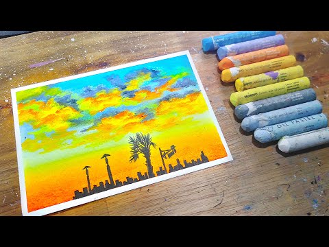 Oil pastel drawing, Sunset of City, healing art