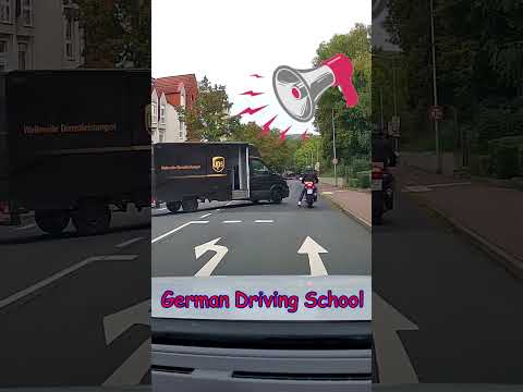 German Driving School - motorcycle student almost crashes into UPS truck, near crash, priority rules