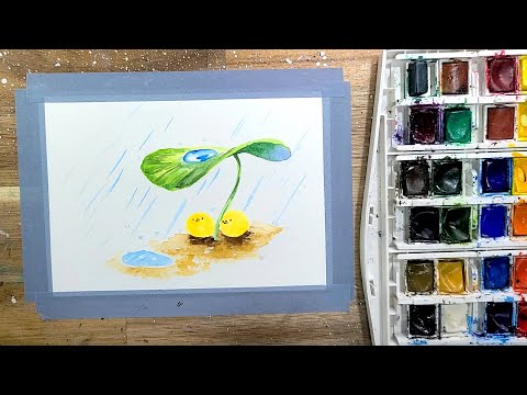 Rainy day, Leaf umbrella, cute character, chickhen! watercolor illustration