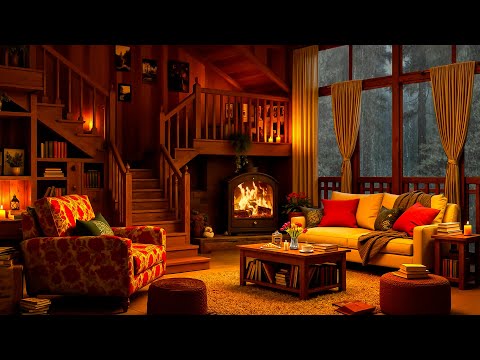 Cozy Cottage Ambience in the Forest 🔥 Soft Jazz, Heavy Rain & Fireplace Sounds for Relax, Deep Sleep