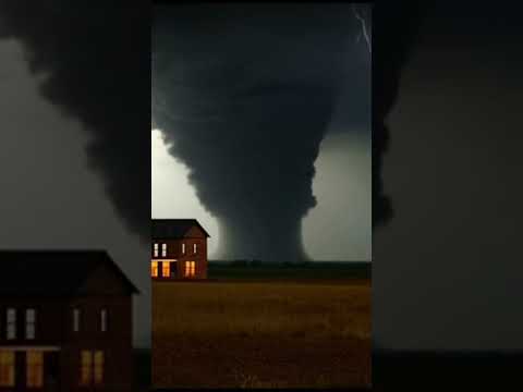 A tornado, lightning and thunder descend on a tall house