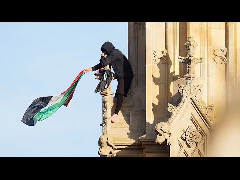 Man descends Big Ben after climbing with Palestinian flag in London