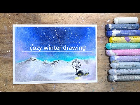 Cozy winter, Oil pastel drawing, winter scenery,, healing art