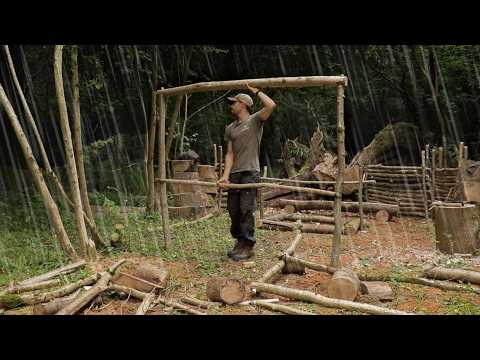 Bushcraft Camp in a Thunderstorm: Full Shelter Build