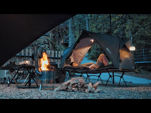 Solo Camping in Forest with My Dog . Relaxing in the Tent . Wood stove ASMR