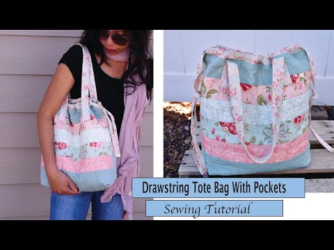 Drawstring tote bag with pockets sewing tutorial - Quilted Style