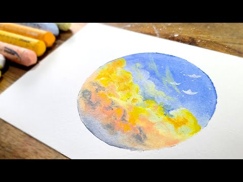 Oil pastel drawing, Yellow Cloud and Sky in Circle, healing art