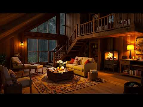 Cozy Cottage Ambience in the Woods ⛈ Smooth Jazz Music, Rain and Fireplace Sounds for Relax, Sleep