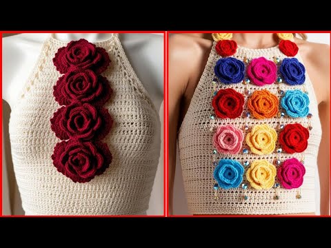 Crochet flower crop top pattern with detailed flower appliques"(Target of fashion)