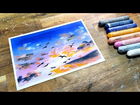 Oil pastel drawing, Sky and Birds, healing art