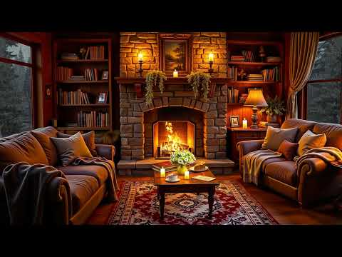 Relaxing Jazz in Cozy Cabin Ambience ⛈ Rain on Window & Crackling Fireplace Sounds for Study & Sleep