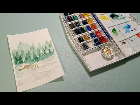 Snowy forest! small cabin, cute character, watercolor illustration