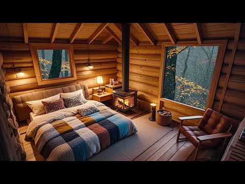 A warm rainy night in a small tree house, with the fire cracking and raindrops hitting the roof.