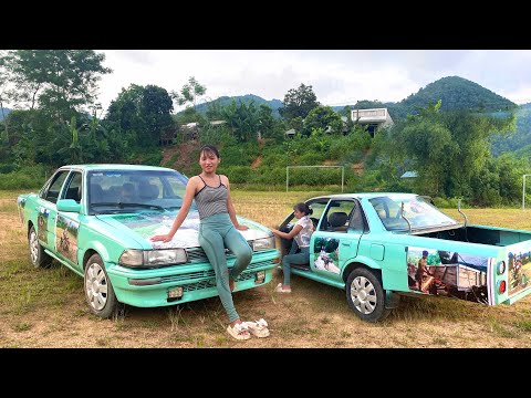 The girl cut the car into a pickup truck and did all the steps