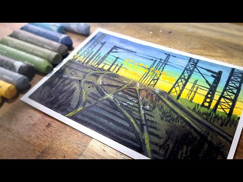 Oil pastel drawing, simple drawing Old railroad and Sunset, healing art