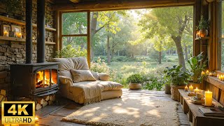 Spring Vibes & Cozy Cabin Ambience 🌿 Crackling Fire & Relaxing Piano Music & Stress Relief