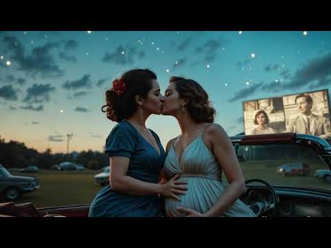 1950s Drive In Kiss  A Pregnant Embrace Under the Retro Lights