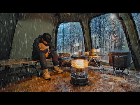 Solo Camping in Heavy rain with My Dog . Relaxing in the Hot Tent . Wood Stove ASMR