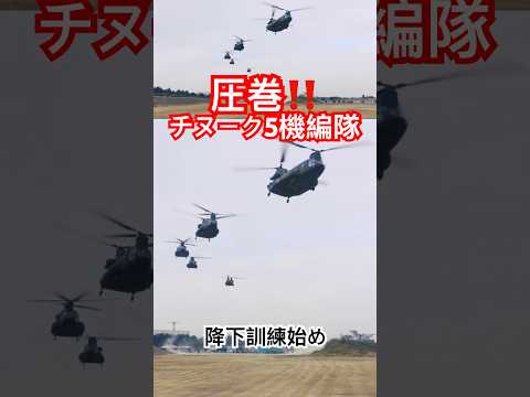 ド迫力！大型輸送ヘリ！CH-47Jチヌーク5機編隊！令和7年空挺降下訓練始め